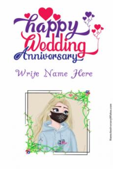 Wedding Anniversary Beautiful Anniversary Flower Frame Wish Card With Name and Photo